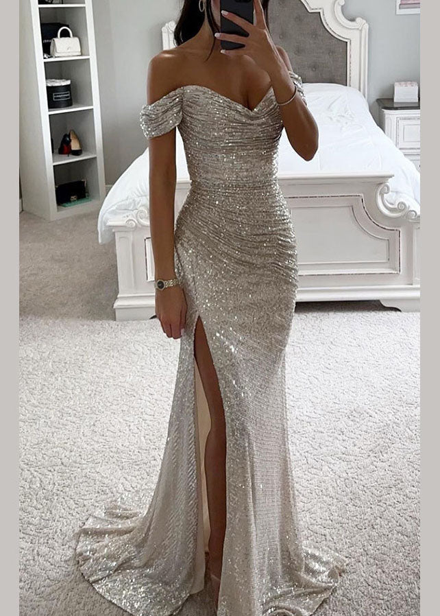 2025 Neues Champagner-Partykleid mit seitlichem Schlitz und Pailletten TL001