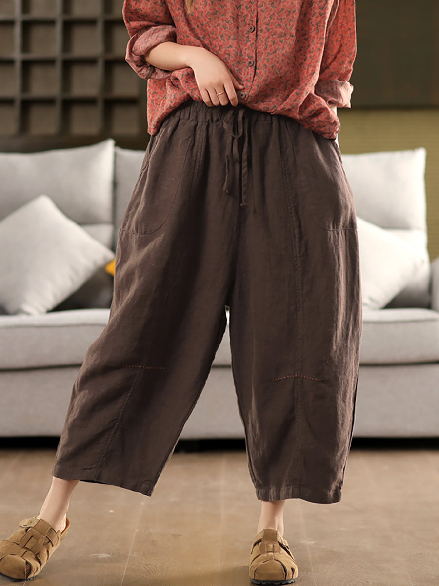 Pantalon d'été 100 % lin couleur sarouel pour femme, décontracté et pur