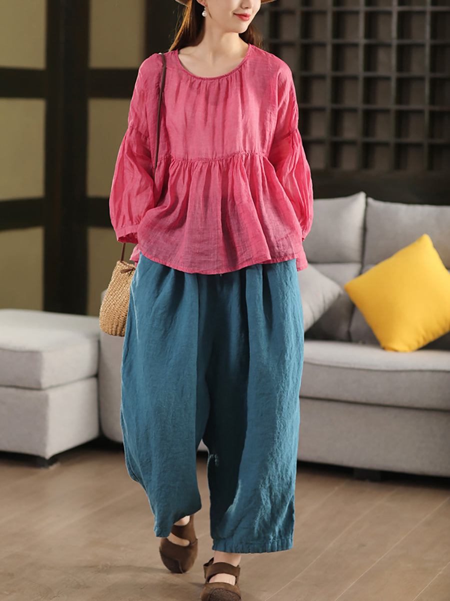 Pants Women Casual Summer Color 100%Linen Pure Wide-leg