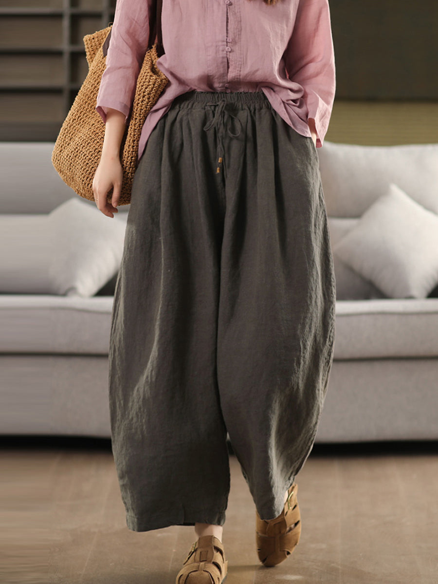 Pants Women Casual Summer Color 100%Linen Pure Wide-leg