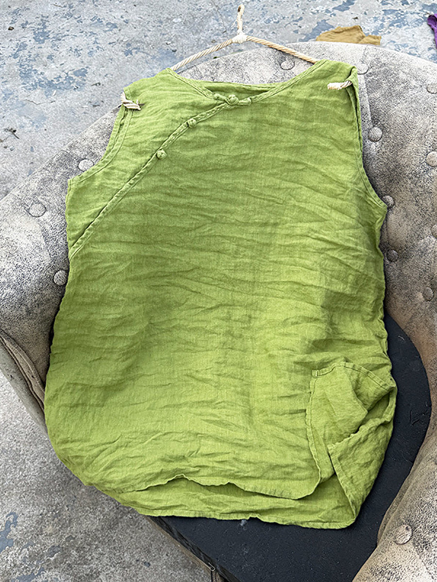 Women Pure Vest 100%Linen Summer O-Neck Color