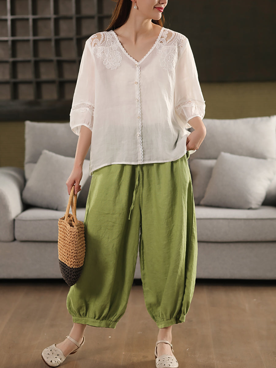 Pantalon sarouel décontracté 100 % lin pour femme, couleur été
