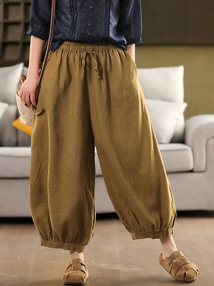 Pantalon sarouel décontracté 100 % lin pour femme, couleur été