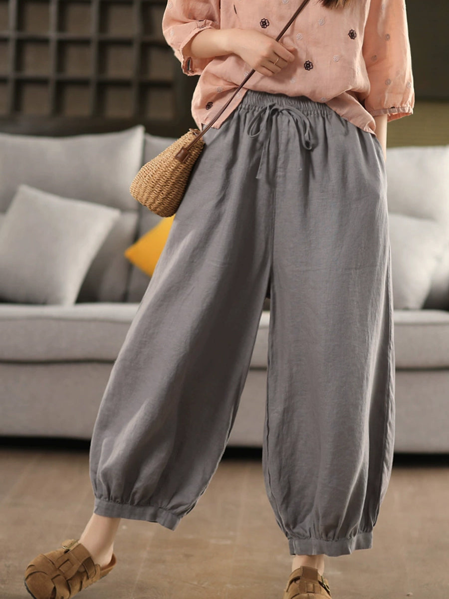 Pantalon sarouel décontracté 100 % lin pour femme, couleur été