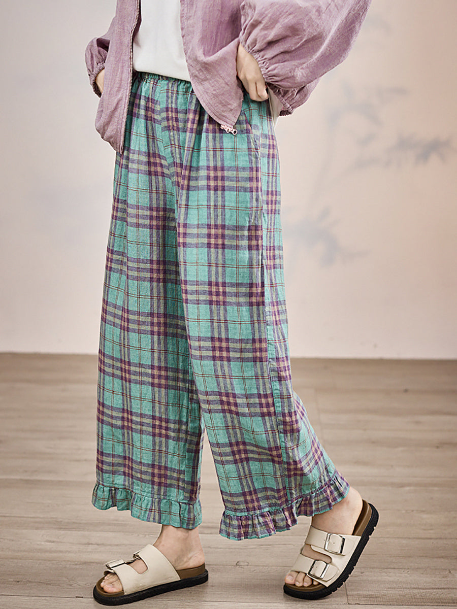 Artsy Pants Straight Damen Sommer Plaid 100%Leinen