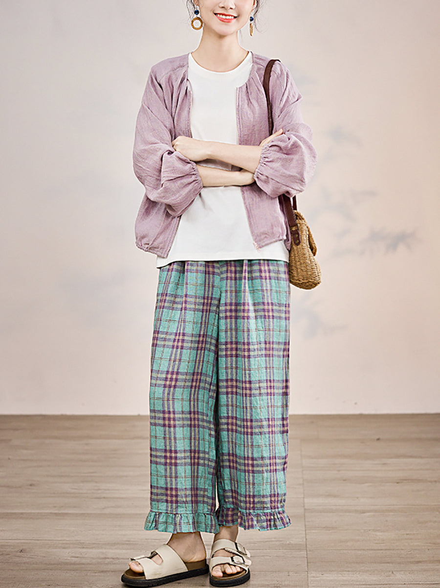 Artsy Pants Straight Damen Sommer Plaid 100%Leinen