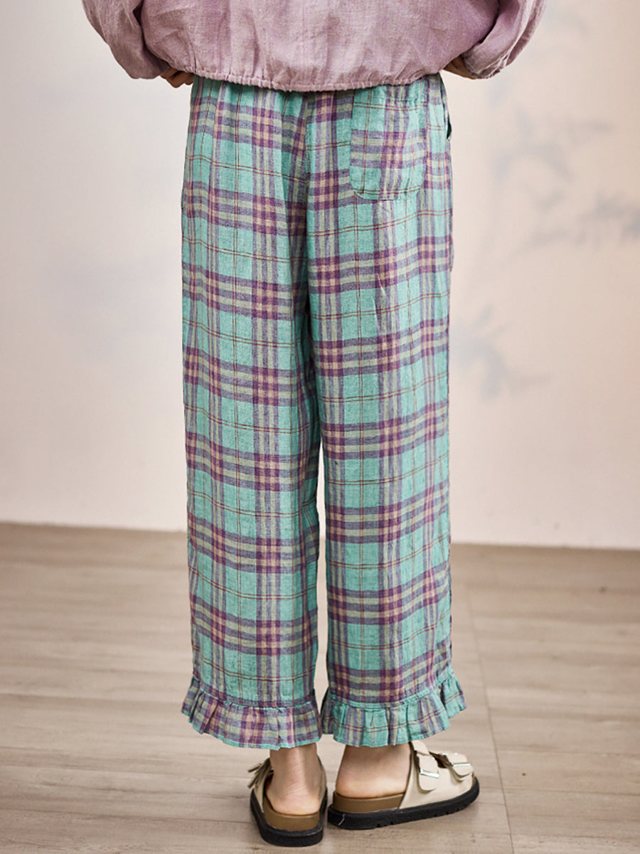 Artsy Pants Straight Damen Sommer Plaid 100%Leinen