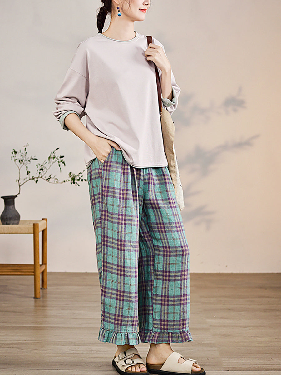 Artsy Pants Straight Damen Sommer Plaid 100%Leinen