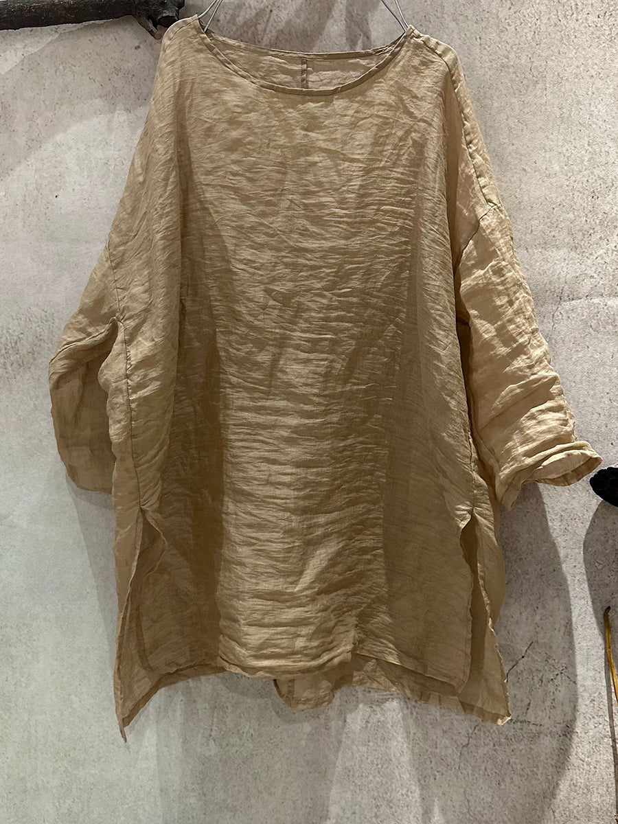 Frauen Artsy Shirt Ramie Sommer O-Ausschnitt Reine Farbe