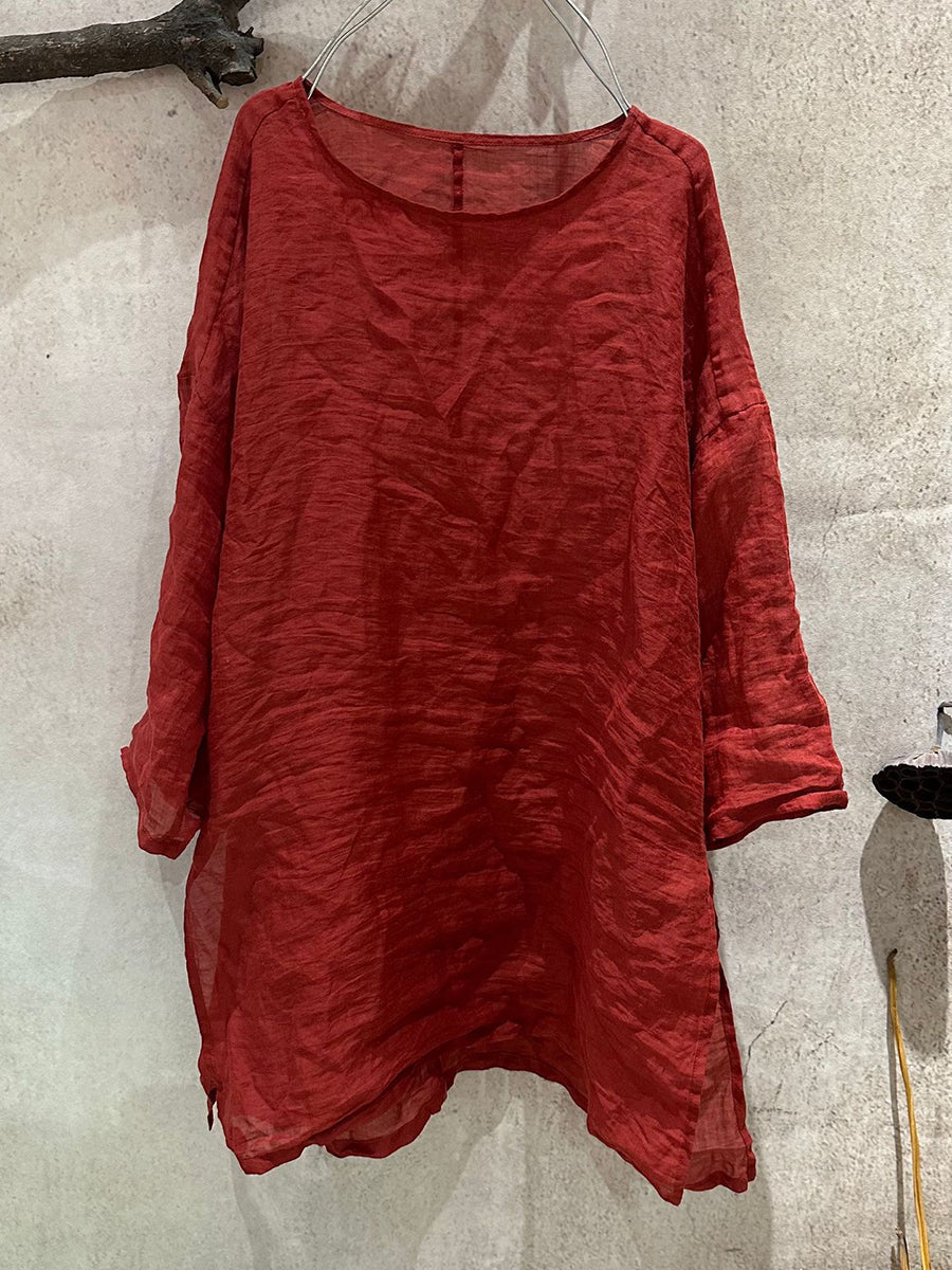 Frauen Artsy Shirt Ramie Sommer O-Ausschnitt Reine Farbe