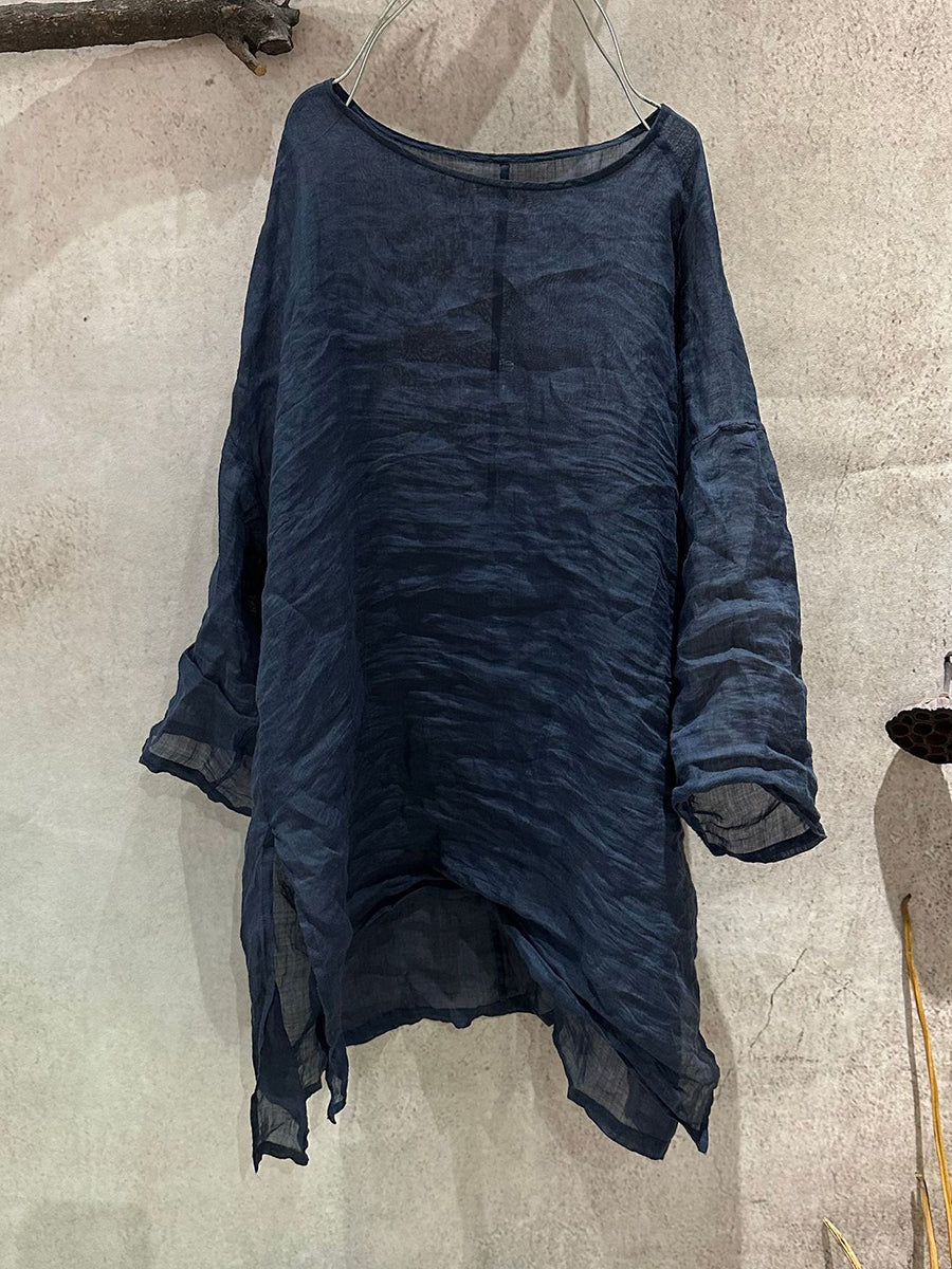 Frauen Artsy Shirt Ramie Sommer O-Ausschnitt Reine Farbe