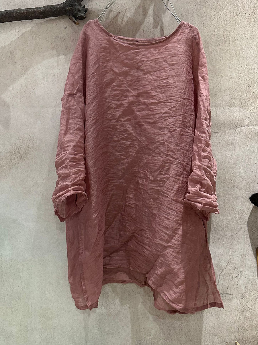 Frauen Artsy Shirt Ramie Sommer O-Ausschnitt Reine Farbe