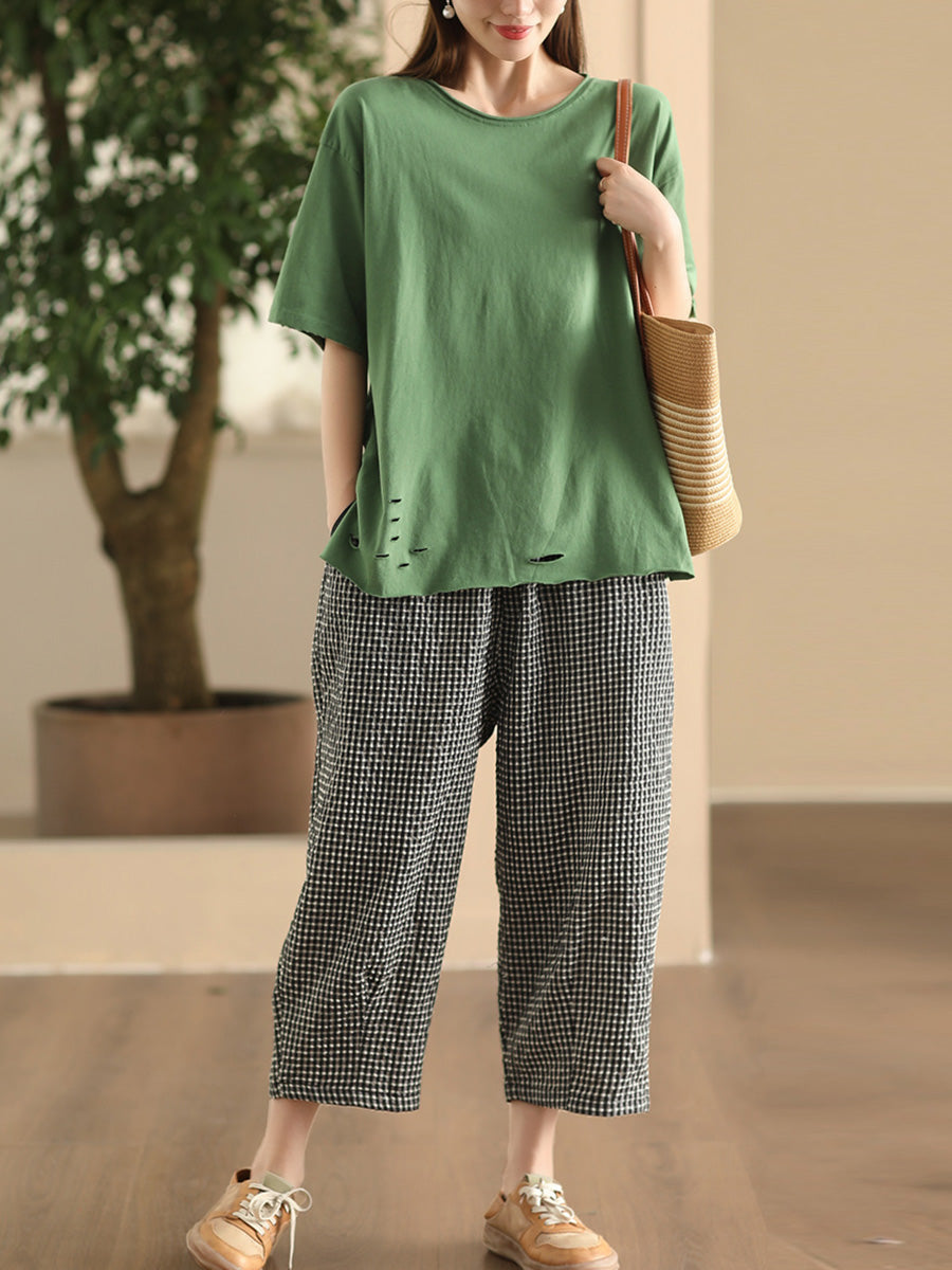 Pantalon sarouel treillis coton été décontracté femme