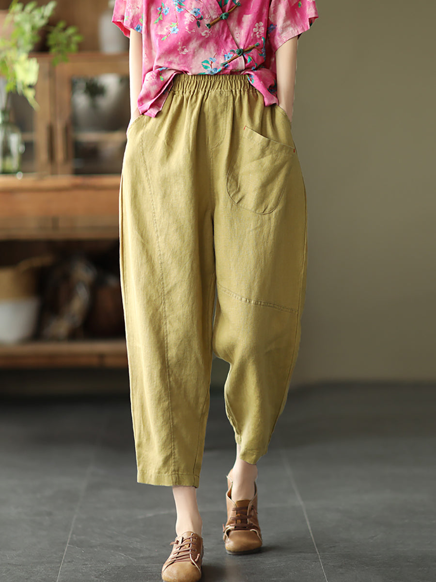 Pantalon sarouel en lin pour femme, couleur unie, été