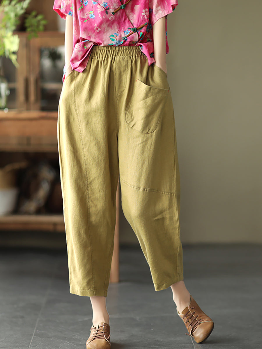 Pantalon sarouel en lin pour femme, couleur unie, été
