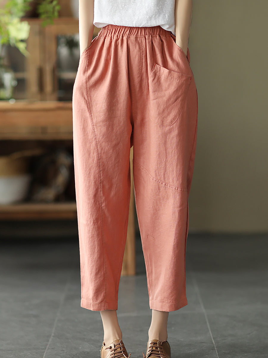 Pantalon sarouel en lin pour femme, couleur unie, été
