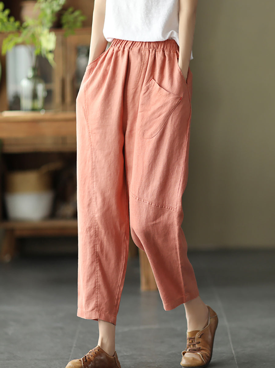 Pantalon sarouel en lin pour femme, couleur unie, été