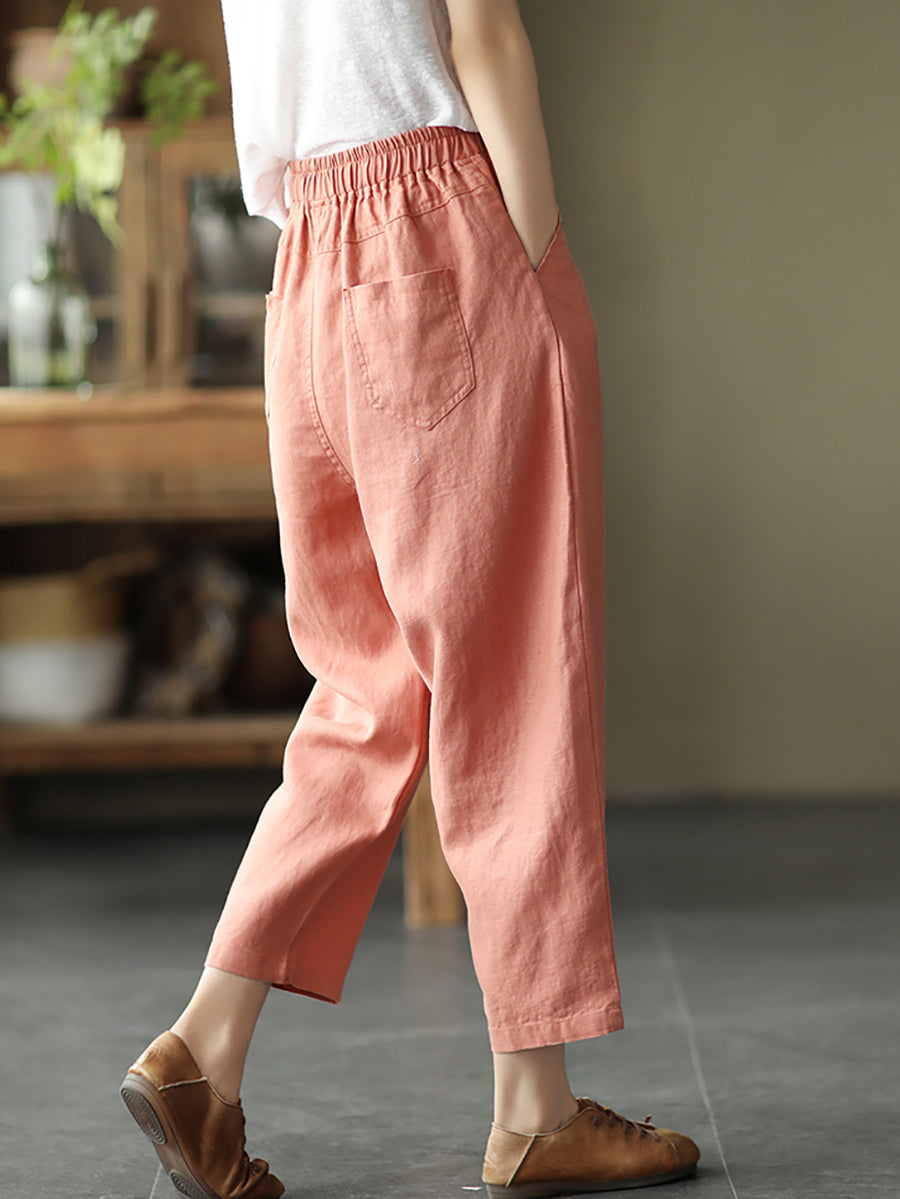 Pantalon sarouel en lin pour femme, couleur unie, été