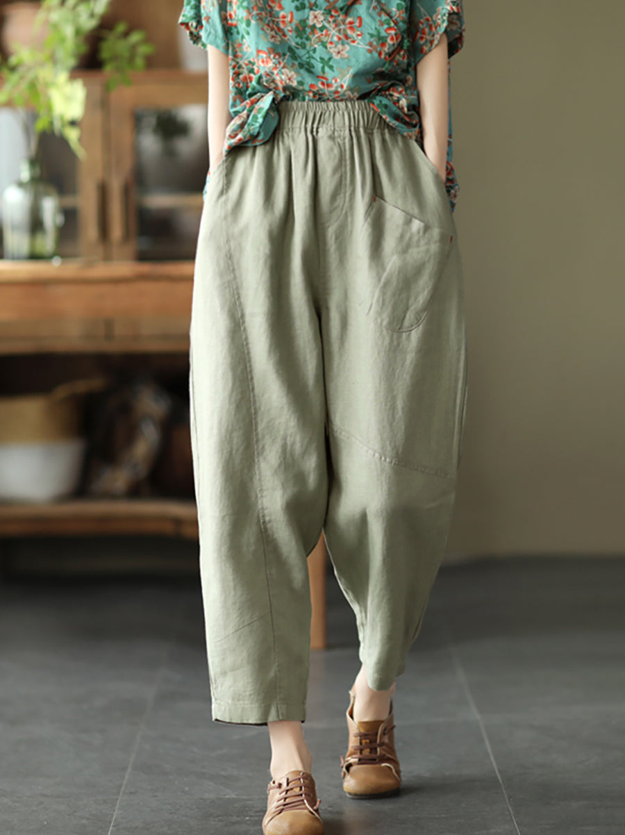 Pantalon sarouel en lin pour femme, couleur unie, été