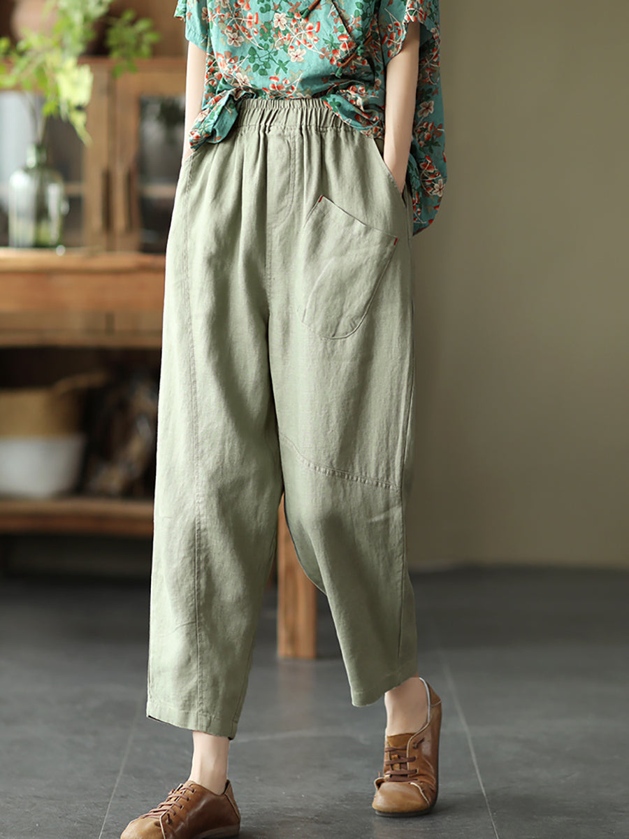 Pantalon sarouel en lin pour femme, couleur unie, été