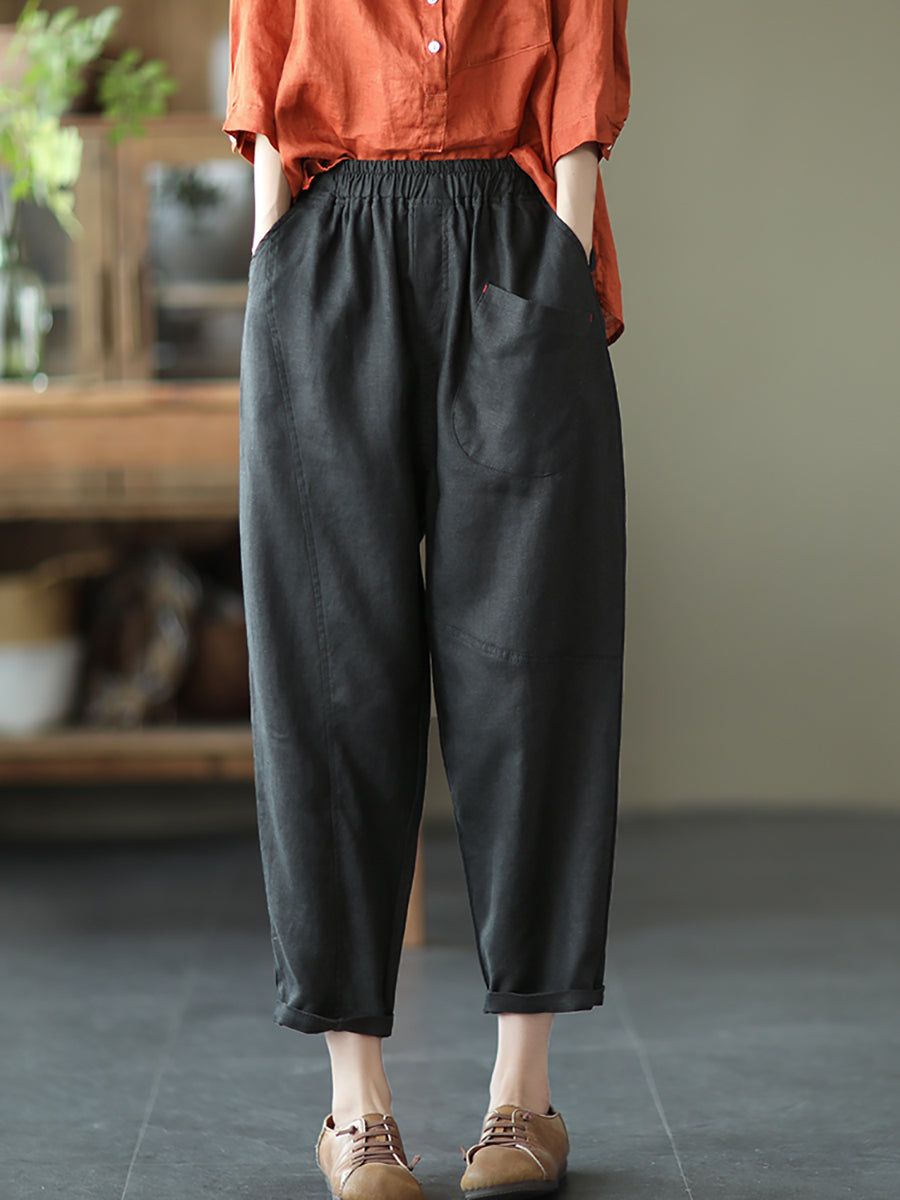 Pantalon sarouel en lin pour femme, couleur unie, été