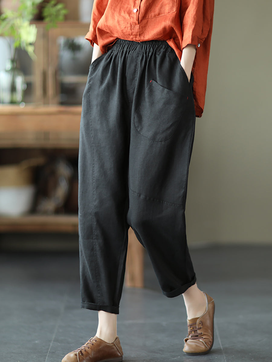 Pantalon sarouel en lin pour femme, couleur unie, été