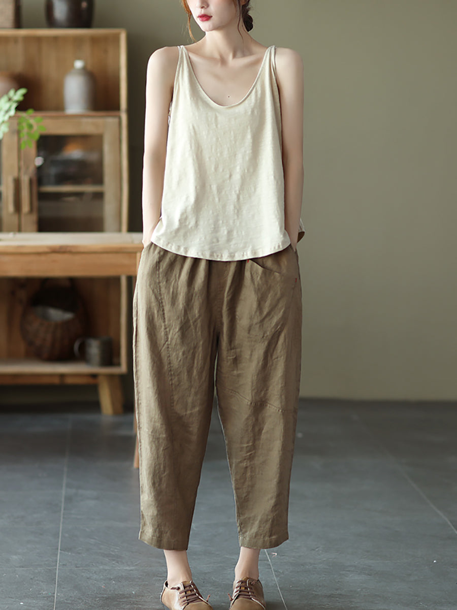 Pantalon sarouel en lin pour femme, couleur unie, été
