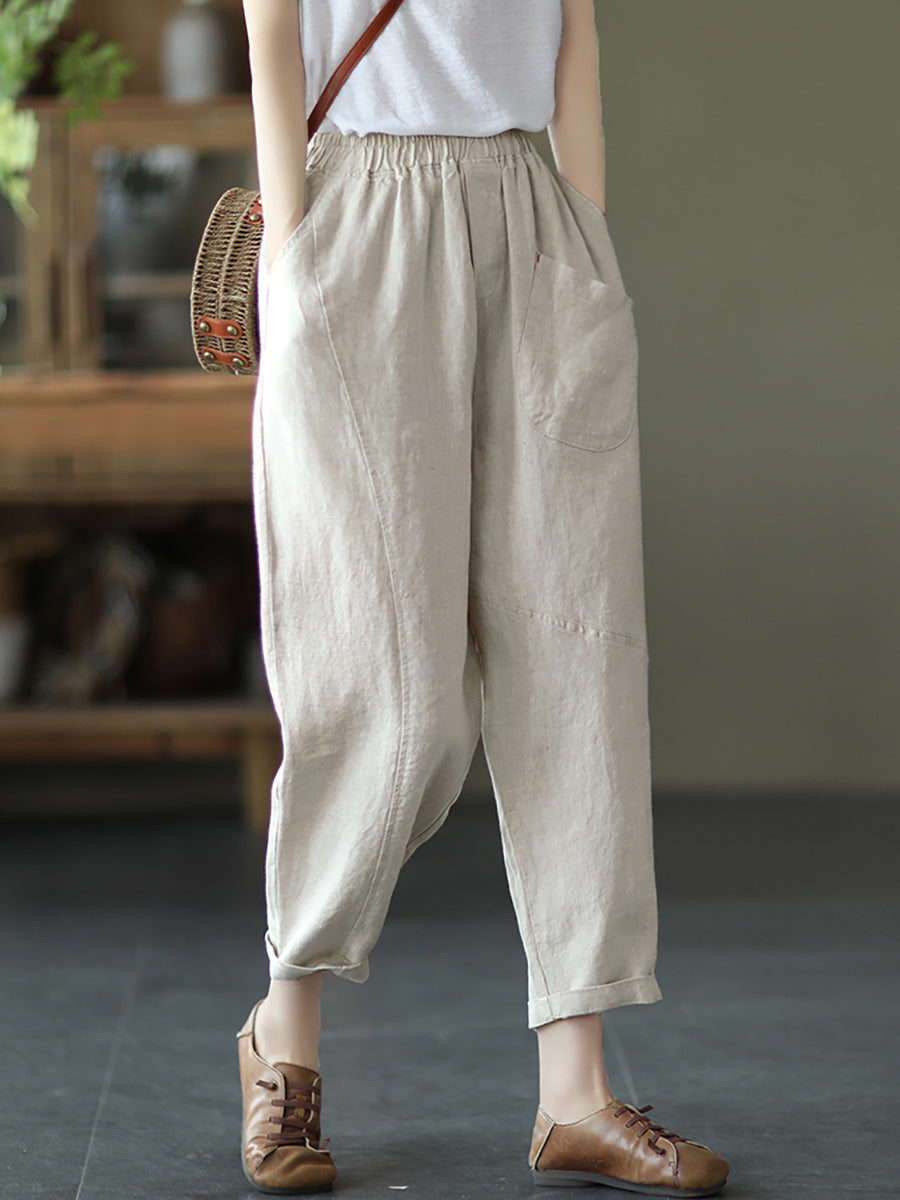 Pantalon sarouel en lin pour femme, couleur unie, été