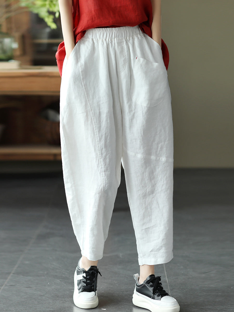 Pantalon sarouel en lin pour femme, couleur unie, été