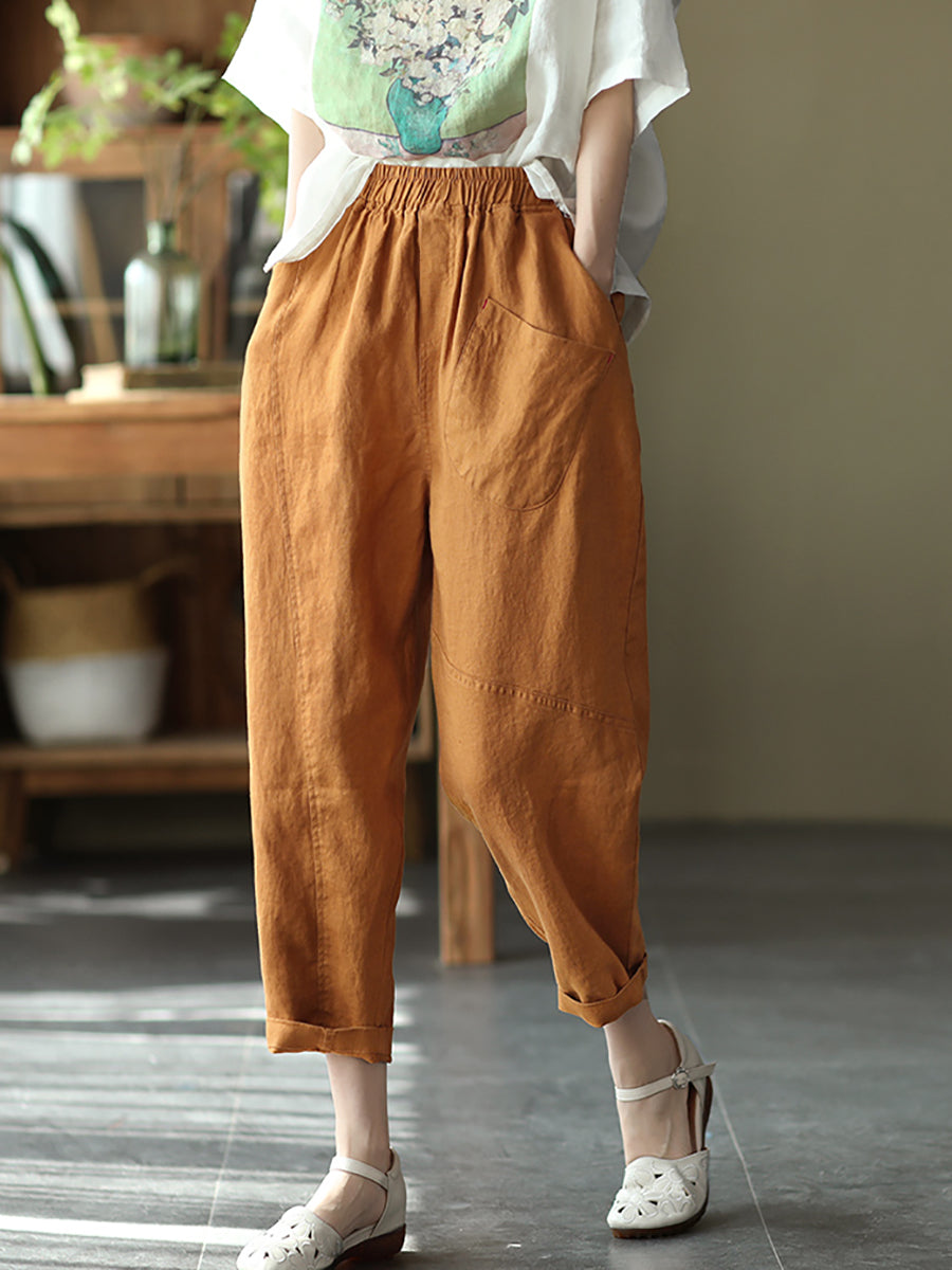 Pantalon sarouel en lin pour femme, couleur unie, été