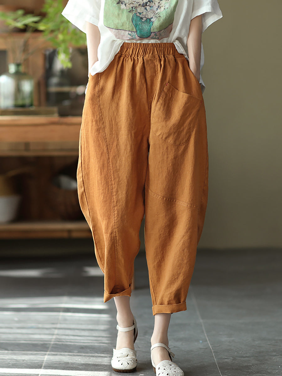 Pantalon sarouel en lin pour femme, couleur unie, été