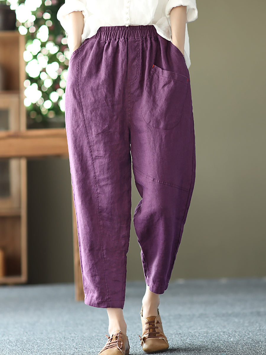 Pantalon sarouel en lin pour femme, couleur unie, été