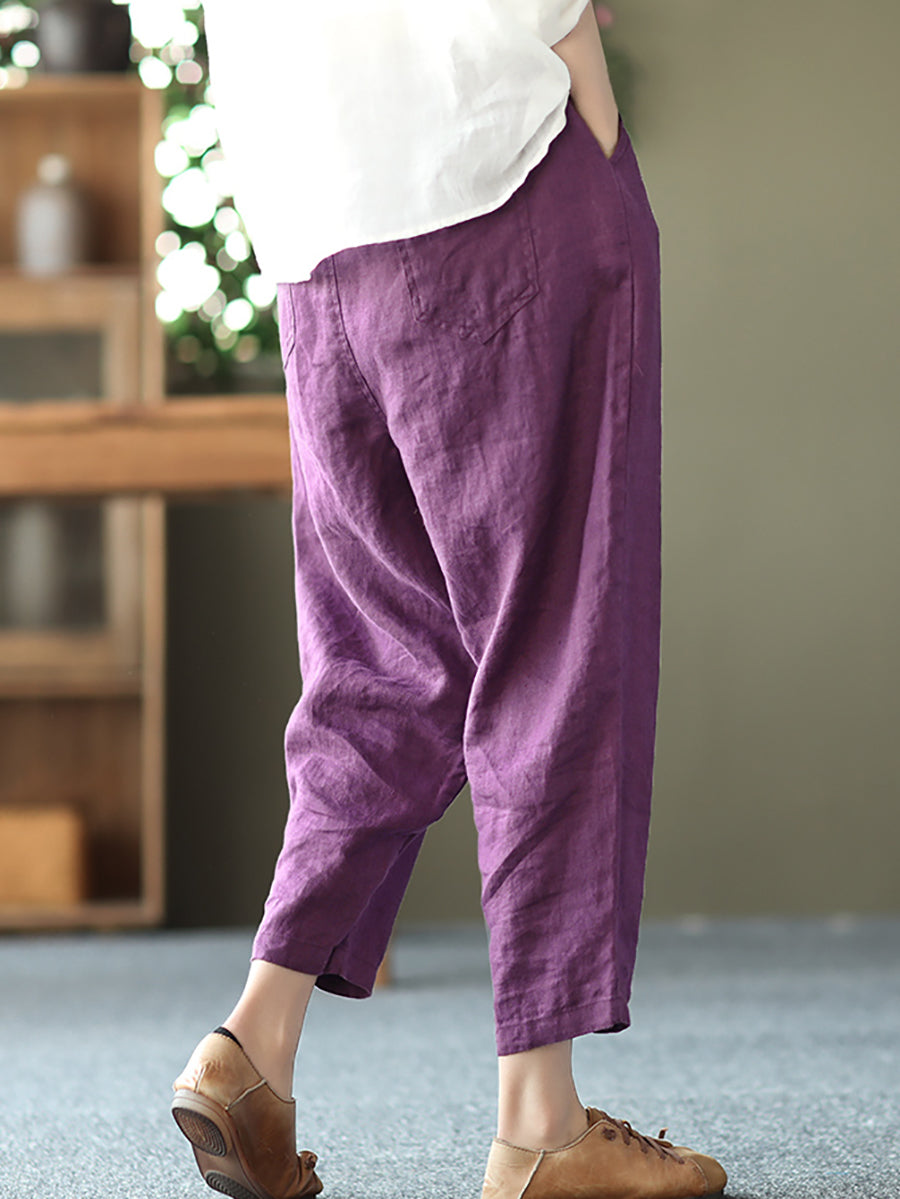 Pantalon sarouel en lin pour femme, couleur unie, été