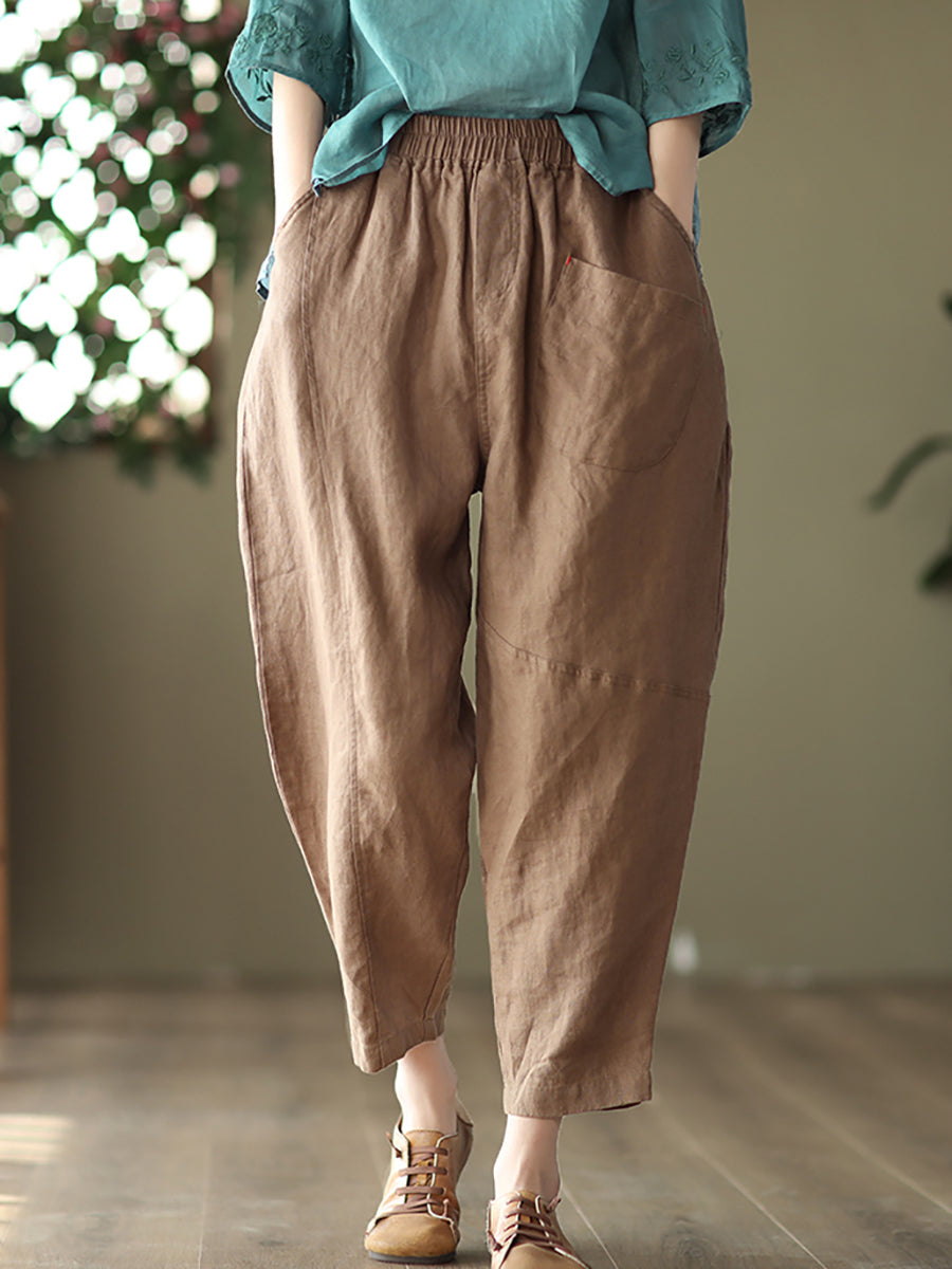 Pantalon sarouel en lin pour femme, couleur unie, été