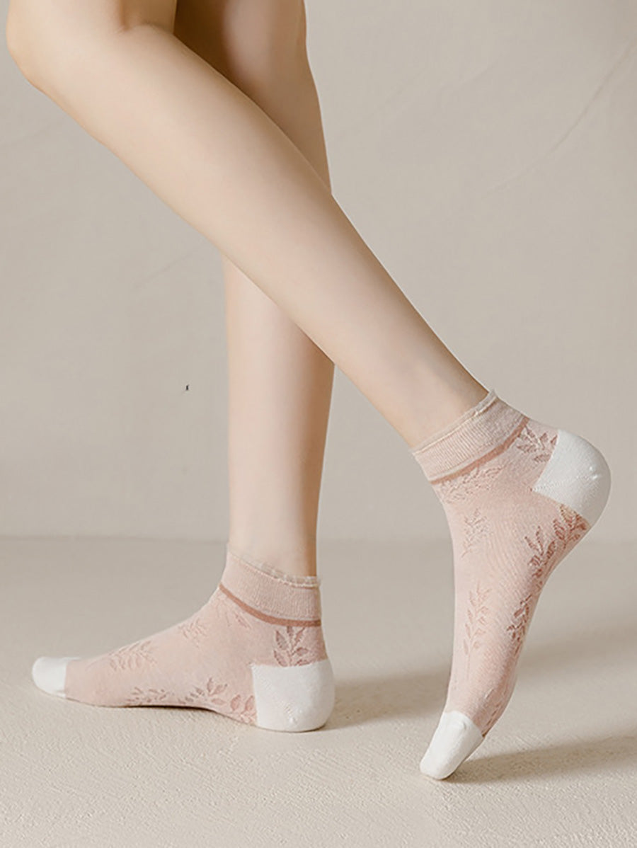 Lot de 5 paires de chaussettes en coton pour femme Motif feuilles d'été