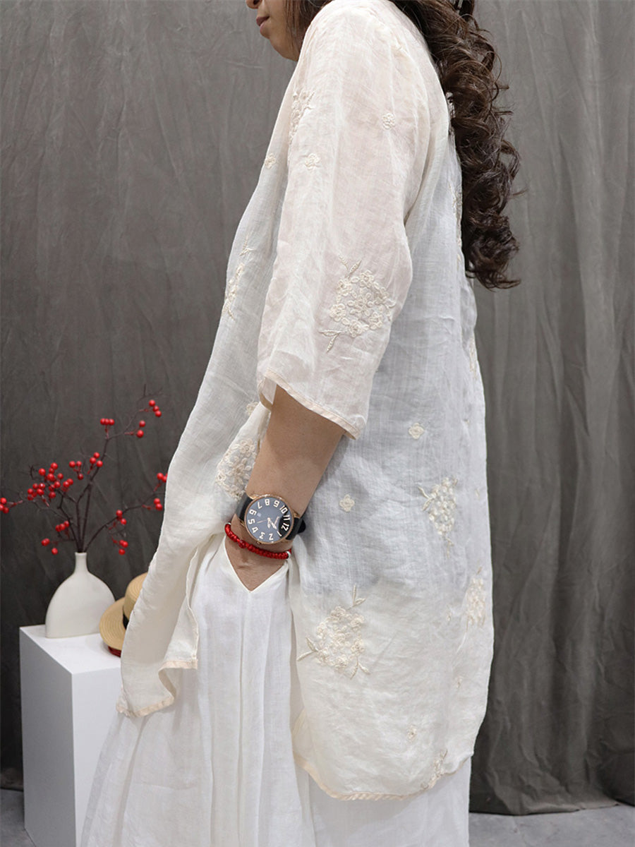 Hemd Stickerei Blume 100% Ramie Sommer Frauen O-Ausschnitt