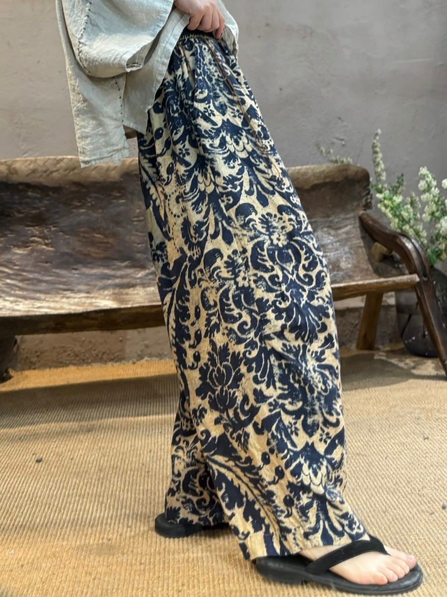 Pantalon d'été large en lin à fleurs rétro pour femme