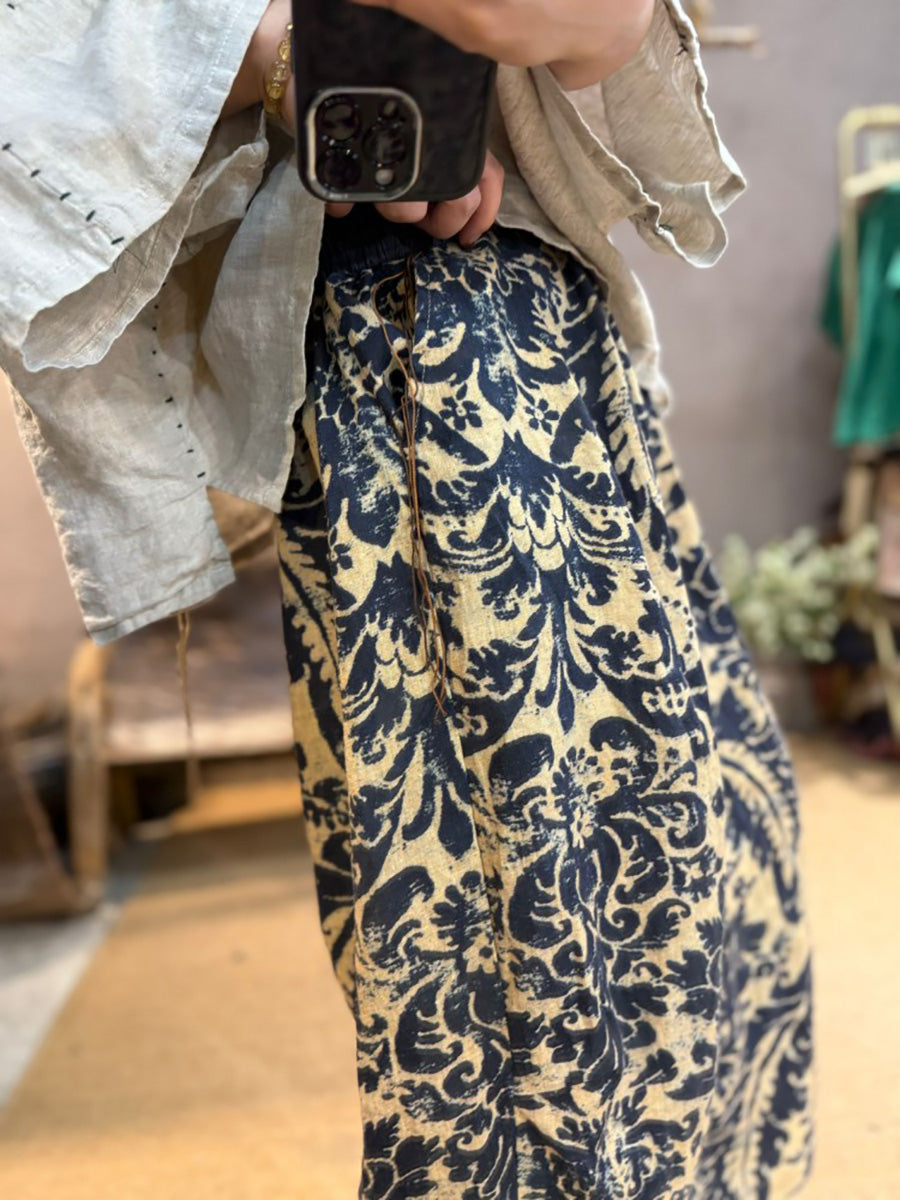 Pantalon d'été large en lin à fleurs rétro pour femme