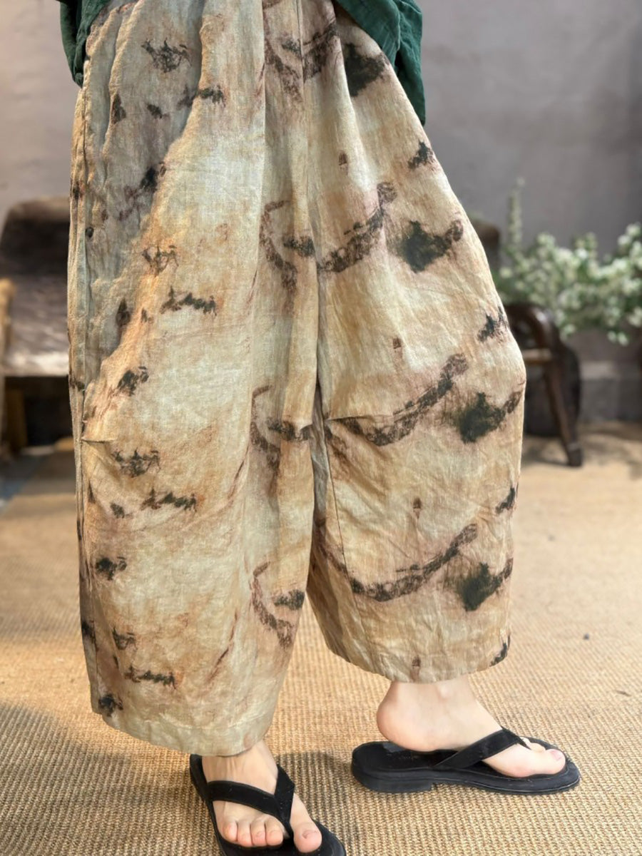 Pantalon d'été large en lin à fleurs rétro pour femme