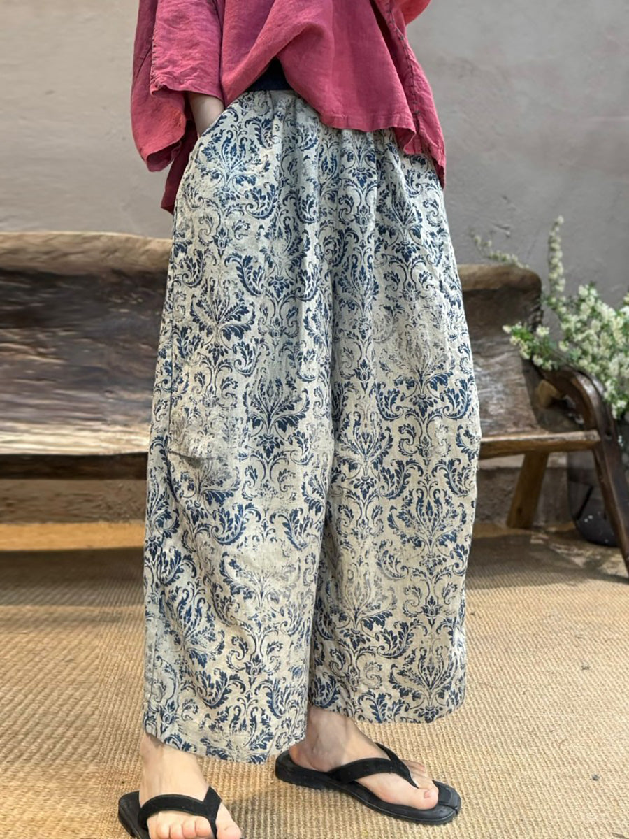 Pantalon d'été large en lin à fleurs rétro pour femme