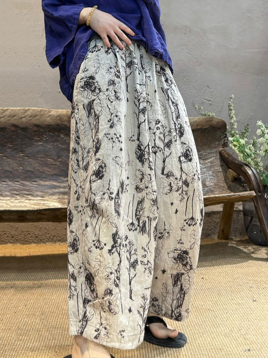Pantalon d'été large en lin à fleurs rétro pour femme