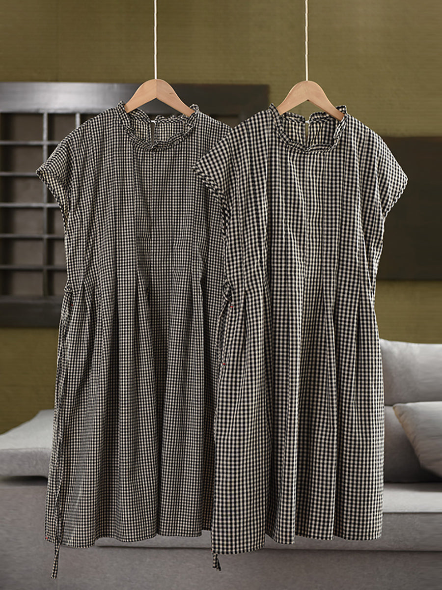 Frauen 100% Baumwolle Vintage Kragen Plaid Kleid Stand Sommer