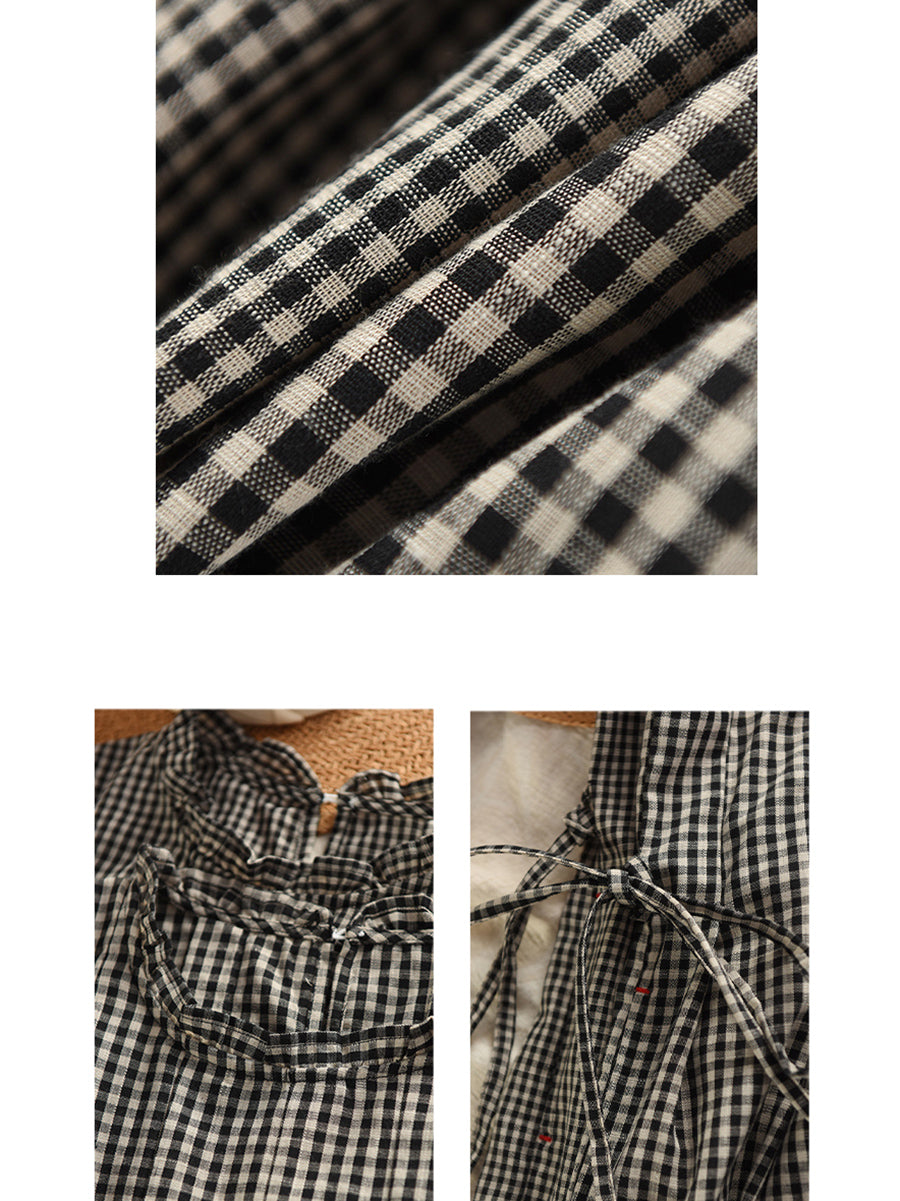 Frauen 100% Baumwolle Vintage Kragen Plaid Kleid Stand Sommer