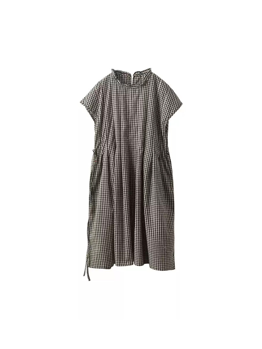 Frauen 100% Baumwolle Vintage Kragen Plaid Kleid Stand Sommer