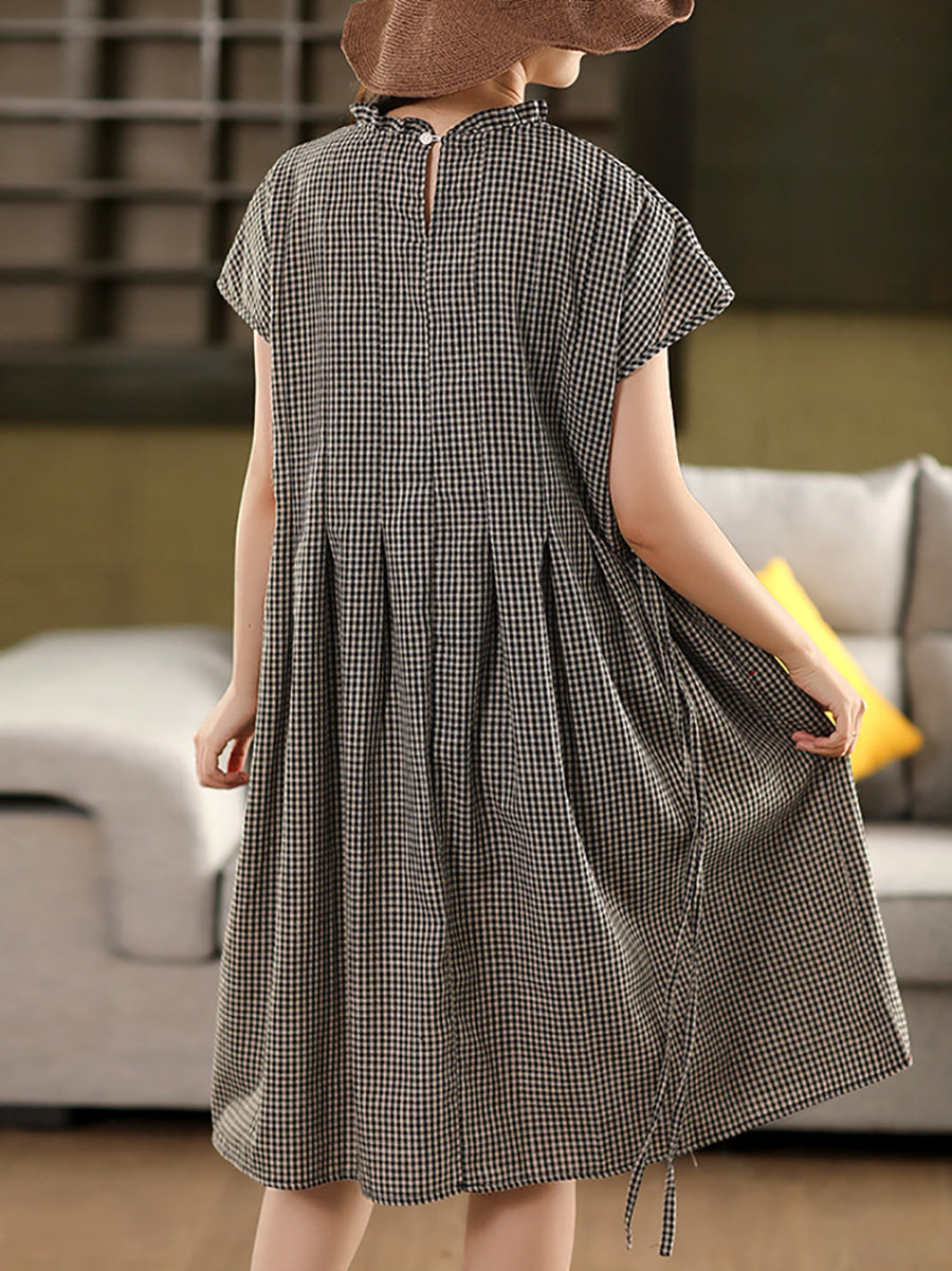 Frauen 100% Baumwolle Vintage Kragen Plaid Kleid Stand Sommer