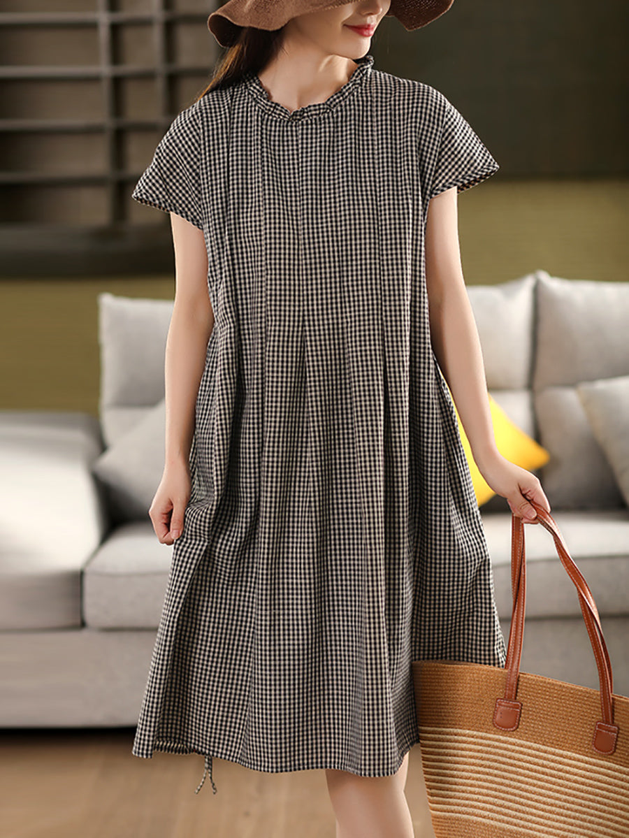 Frauen 100% Baumwolle Vintage Kragen Plaid Kleid Stand Sommer