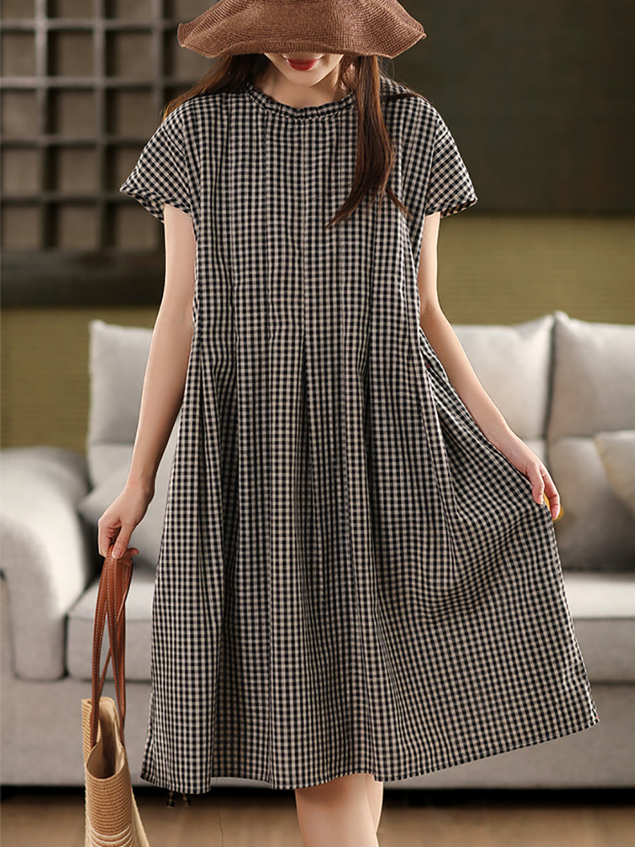 Frauen 100% Baumwolle Vintage Kragen Plaid Kleid Stand Sommer