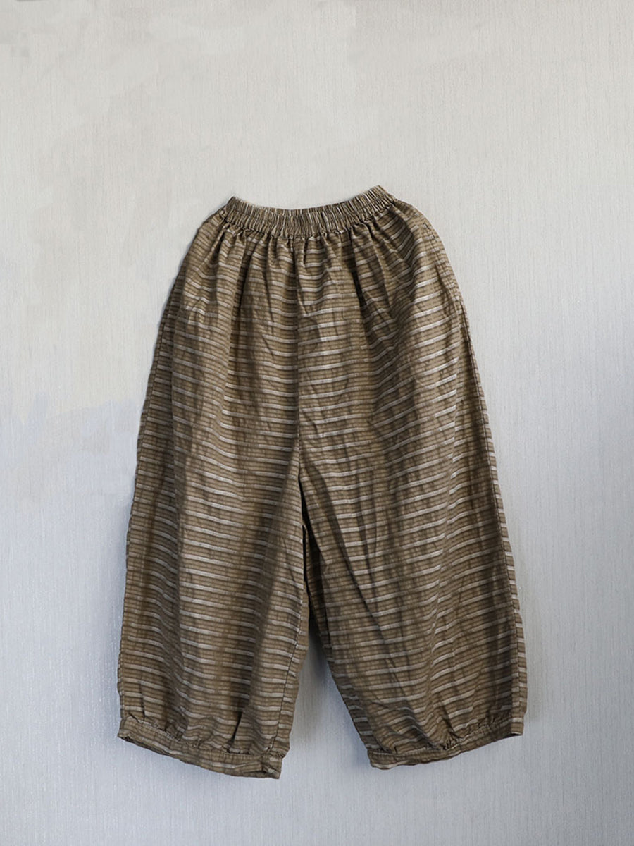 Pantalon d'été à rayures pour femme, jambe large, style rétro, en ramie