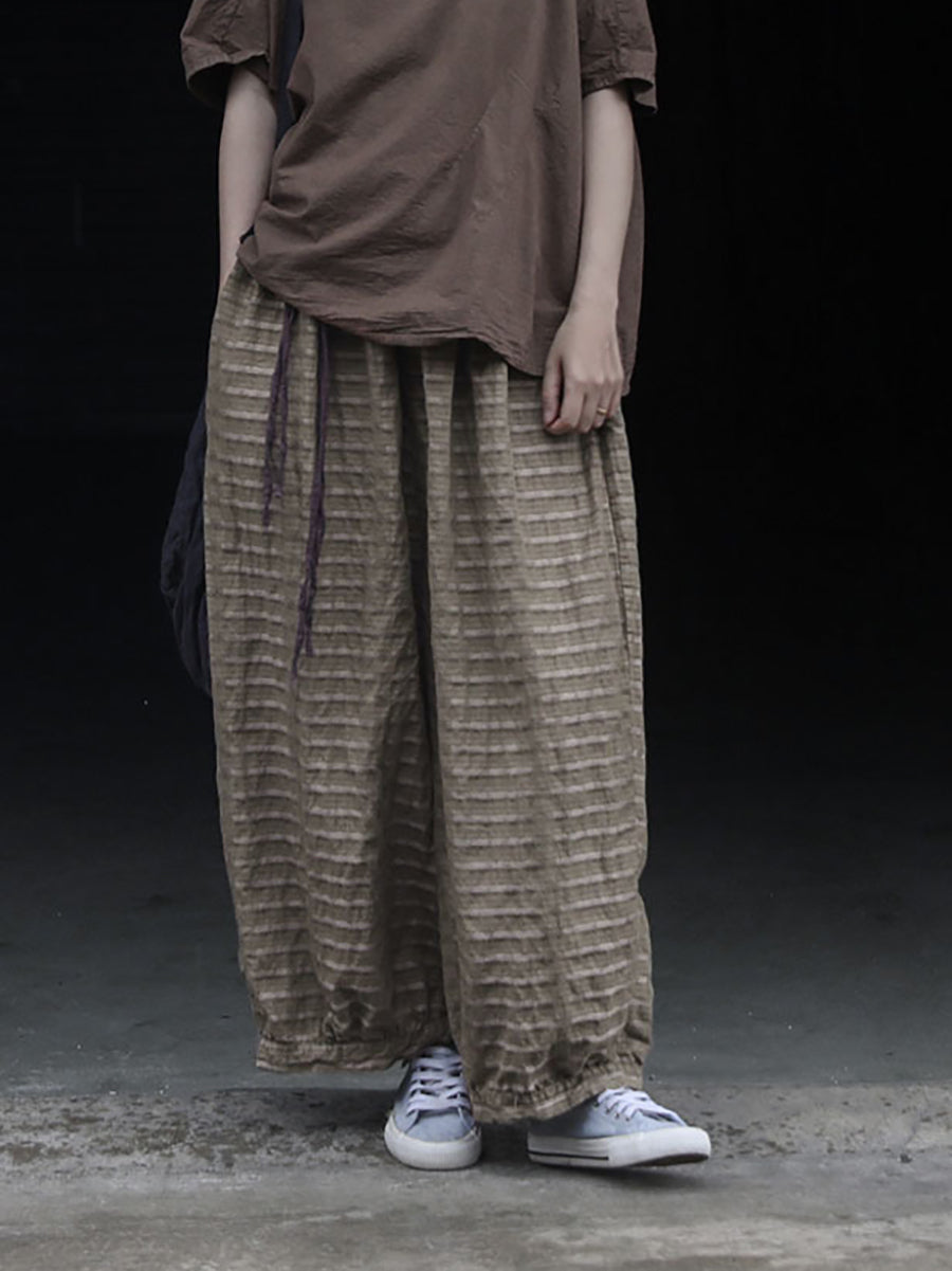 Pantalon d'été à rayures pour femme, jambe large, style rétro, en ramie