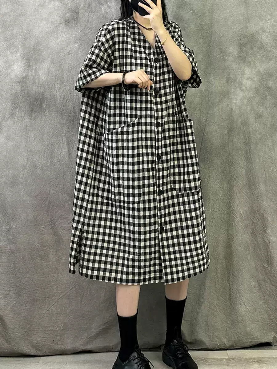 Sommer V-Ausschnitt Kleid Frauen Plaid Vintage